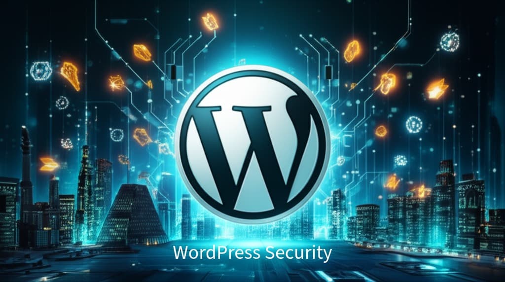 WordPress logo in side of a dark background with the words in white that say WordPress Security.